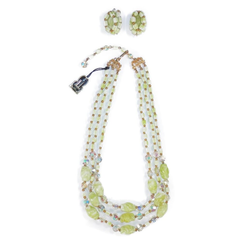 Vtg Hobe Triple Strand Art Milk Glass Bead & Crystal Necklace Earring Set Tagged